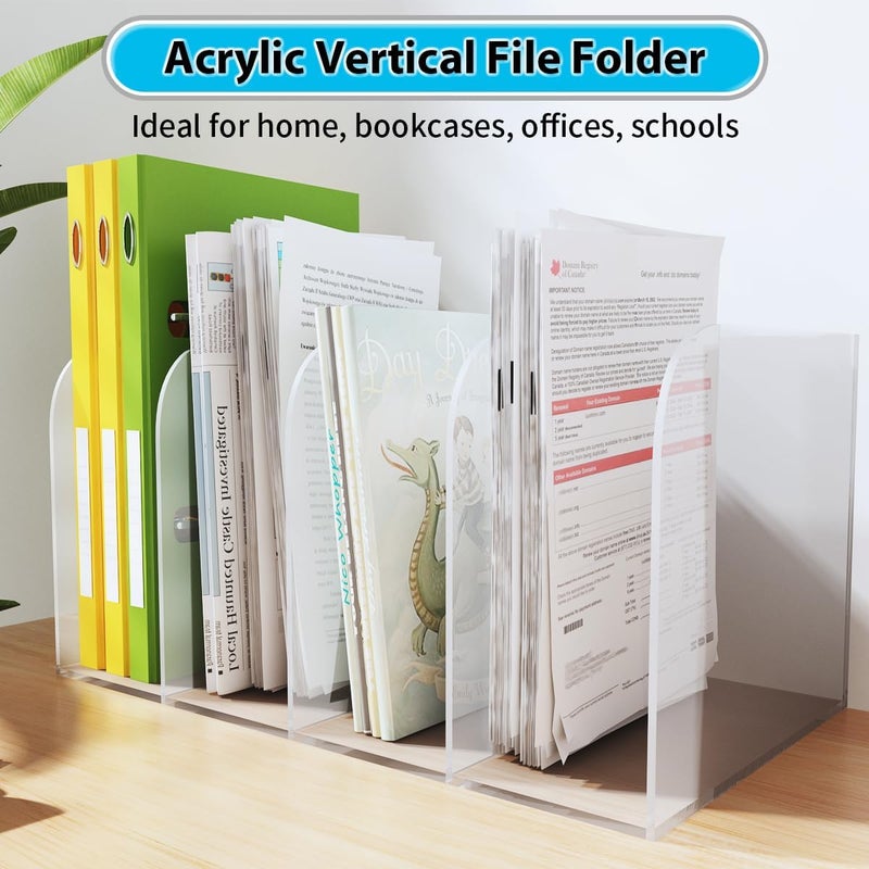 Jumyee Acrylic Magazine File Holder, Vertical Desk File Organizer Sorter with 4 Compartments, Clear Mail Organizer Office Organization Storage Binder Holder for Desk, Magazine, Books - Image 5
